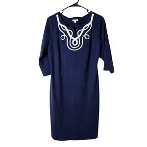 Talbots Shift Dress Size Large Navy Blue Nautical Rope Trim 3/4 Sleeve